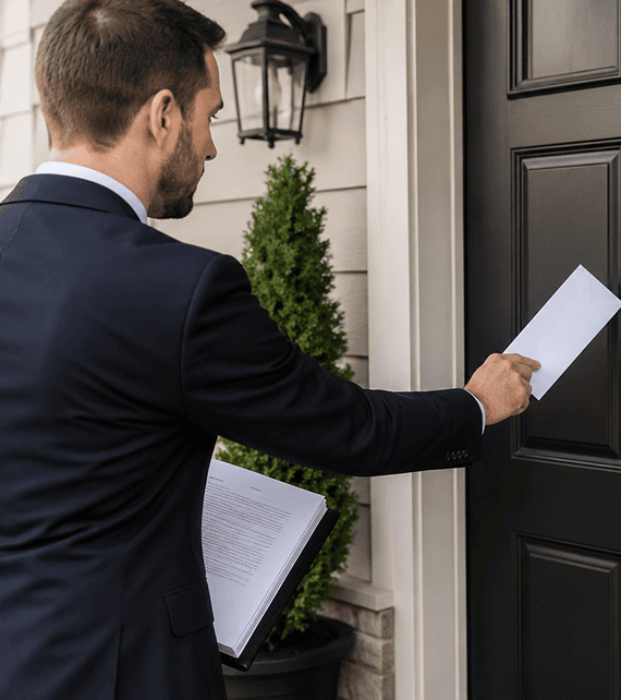 Man delivering letter to a front door.
